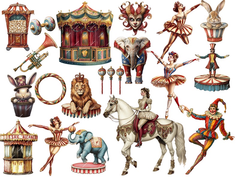 Vintage Circus Clipart featuring clowns, carnival elements, and fair cards. Perfect for junk journals, digital scrapbooking, printable ephemera, and carnival-themed projects.