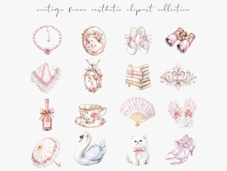 Watercolor pink vintage clipart featuring Rococo aesthetic elements and Victorian ephemera. Perfect for planner stickers, digital planners, and elegant digital scrapbooking.