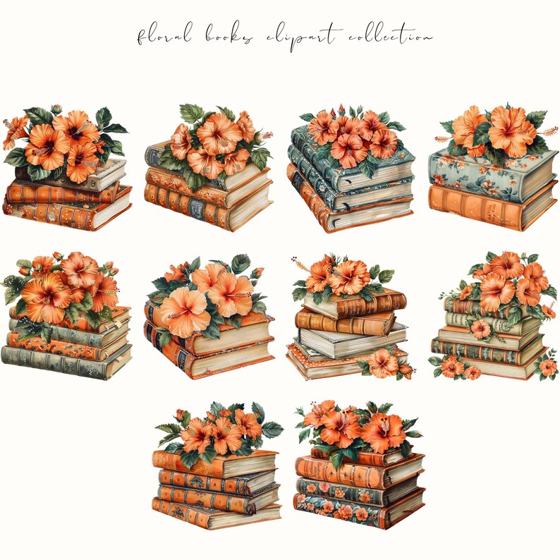 Floral book clipart featuring book stacks with flowers, perfect for booklovers and bookish aesthetics. Ideal for digital planners, stickers, and cozy creative projects.