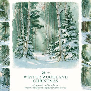 May include: A collection of 25 digital watercolour illustrations featuring winter woodland scenes with snow-covered pine trees, birch trees, forest paths, a gazebo, a stream, and wildlife. The text reads 25 PNG WINTER WOODLAND CHRISTMAS clipart collection.