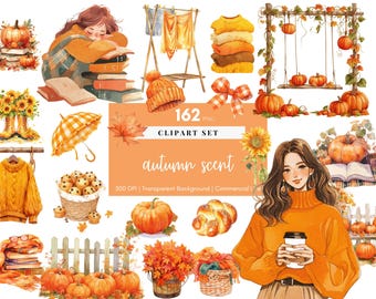 May include: A digital clipart set of 162 autumn-themed illustrations. The set includes pumpkins, leaves, a girl wearing a sweater, a basket of muffins, a sunflower, a book, a knitted sweater, a wreath, a hat, a fence, a swing set, and more. The illustrations are in a watercolor style and have a transparent background.