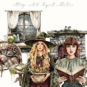 Watercolor cottage witch clipart featuring magical cottagecore elements, witchy items, and rustic pagan-inspired designs. Perfect for junk journals, digital stickers, planners, and scrapbooking.