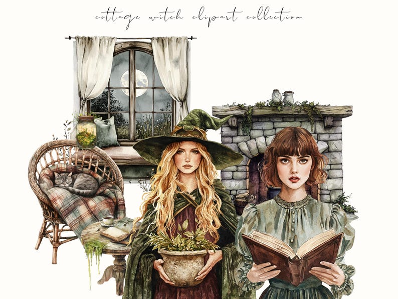 Watercolor cottage witch clipart featuring magical cottagecore elements, witchy items, and rustic pagan-inspired designs. Perfect for junk journals, digital stickers, planners, and scrapbooking.