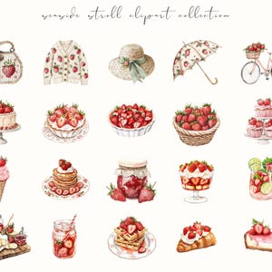 Watercolor strawberry harvest clipart featuring spring and summer cottagecore elements. Perfect for digital stickers, planners, and junk journal projects with a fresh, botanical feel.