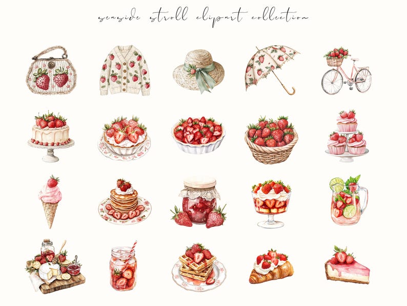 Watercolor strawberry harvest clipart featuring spring and summer cottagecore elements. Perfect for digital stickers, planners, and junk journal projects with a fresh, botanical feel.