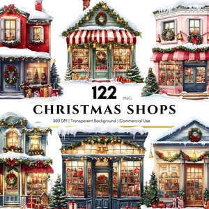 Clipart de vitrine de magasin de Noël, des cliparts de magasin de vacances, Noël d'hiver, boutique de Noël aquarelle, ensemble PNG Noël, clipart festif