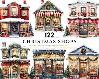 Clipart de fachada de loja de Natal, Clipart de loja de Natal, Natal de inverno, Loja de Natal em aquarela, Conjunto de PNGs de Natal, Clipart festivo