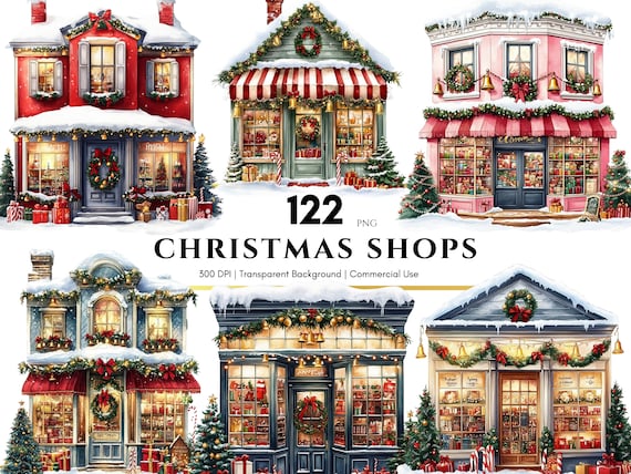 Christmas Shop Storefront Clipart, Holiday Shop Clipart, Winter Christmas, Watercolor Christmas shop, Christmas PNG Set, Festive Clipart