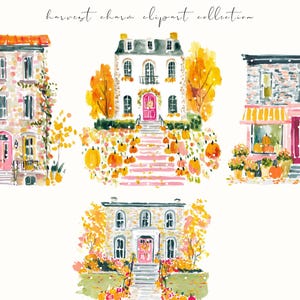 A whimsical watercolor clipart bundle titled Harvest Charm, featuring cozy autumn illustrations in bright, painterly style. Includes fall houses, pumpkins, scarves, books, turkeys, florals, and fashionable characters in warm seasonal tones. Ideal for digital stickers, planners, scrapbooking, and junk journaling. Brings a cheerful, glam fall aesthetic perfect for Thanksgiving, autumn crafting, and seasonal creative projects
