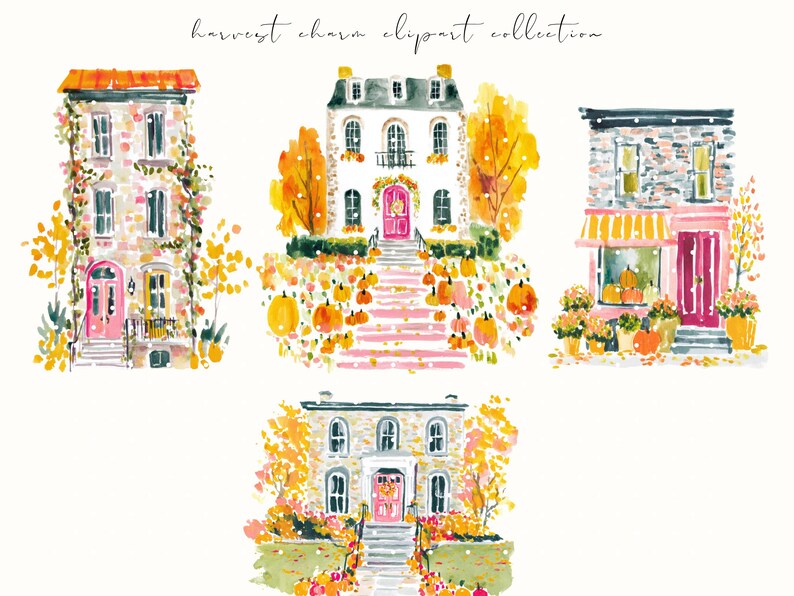 A whimsical watercolor clipart bundle titled Harvest Charm, featuring cozy autumn illustrations in bright, painterly style. Includes fall houses, pumpkins, scarves, books, turkeys, florals, and fashionable characters in warm seasonal tones. Ideal for digital stickers, planners, scrapbooking, and junk journaling. Brings a cheerful, glam fall aesthetic perfect for Thanksgiving, autumn crafting, and seasonal creative projects