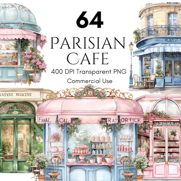 Paris Cafe Clipart Conjunto de acuarela, Restaurante parisino, Café francés, Diseño de sublimación, PNG, Diario basura, Artesanías de papel, Uso comercial