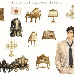 Op de afbeelding: Een verzameling aquarel illustraties met antieke meubels, een vleugel, een kroonluchter, een koets en een man in een pak. De illustraties hebben een vintage esthetiek, met gouden en zwarte accenten.