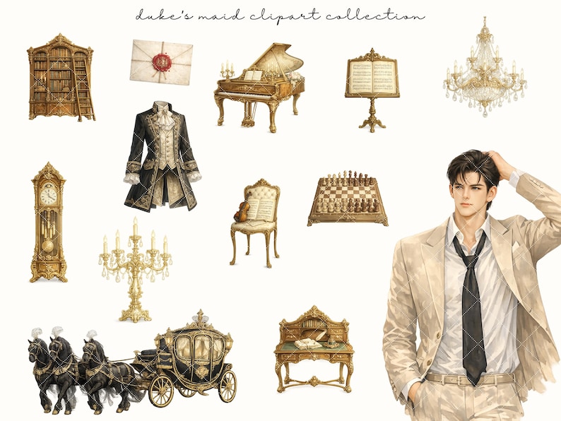 Op de afbeelding: Een verzameling aquarel illustraties met antieke meubels, een vleugel, een kroonluchter, een koets en een man in een pak. De illustraties hebben een vintage esthetiek, met gouden en zwarte accenten.