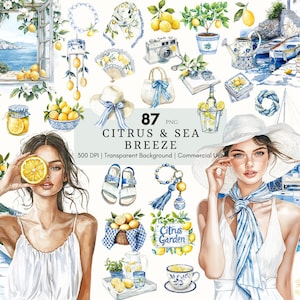 Clipart di agrumi ad acquerello con brezza marina, limoni e piastrelle mediterranee, clipart costiere, nautiche, PNG di viaggio, adesivo digitale