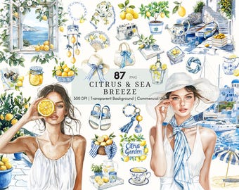 Watercolor Citrus Sea Breeze Clipart, Mediterranean Mediterranean Lemons and Tiles, Coastal Clipart, Nautical, Travel PNG, Digital Sticker