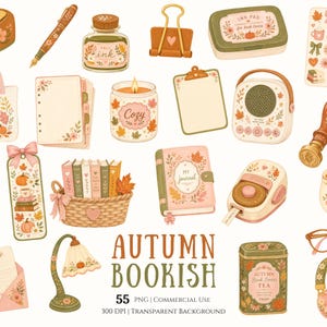 Autumn Bookish Clipart Bundle, Fall Book Lover PNG, Cozy Reading Stationery, Floral Pumpkin Clipart, Digital Sticker Planner