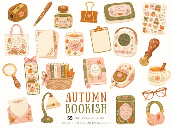 Autumn Bookish Clipart Bundle, Fall Book Lover PNG, Cozy Reading Stationery, Floral Pumpkin Clipart, Digital Sticker Planner