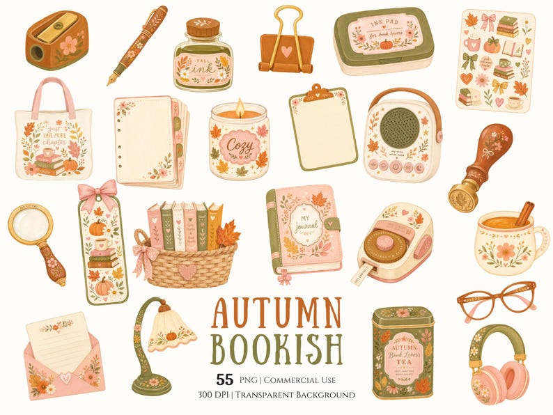 Autumn Bookish Clipart Bundle, Fall Book Lover PNG, Cozy Reading Stationery, Floral Pumpkin Clipart, Digital Sticker Planner