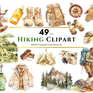 Wandern Clipart, Aquarell, digitaler Planer, modischer Planer, digitaler Aufkleber, Sublimation, Junk Journal, Scrapbook, kommerzielle Nutzung