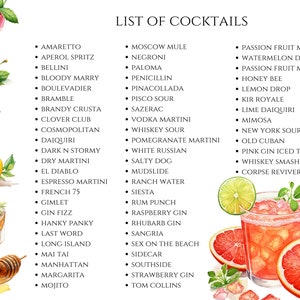 May include: Watercolor illustration of a "List of Cocktails" with various drink names in a black font. The image includes watercolor paintings of cocktails, lemons, grapefruits, and cherries.