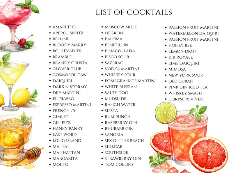 May include: Watercolor illustration of a "List of Cocktails" with various drink names in a black font. The image includes watercolor paintings of cocktails, lemons, grapefruits, and cherries.
