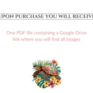 May include: A digital download of a PDF file containing a link to a Google Drive folder with images. The image shows a colorful illustration of a sea turtle swimming in a tropical flower arrangement.