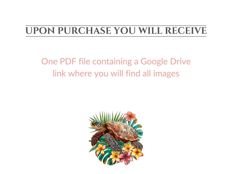 May include: A digital download of a PDF file containing a link to a Google Drive folder with images. The image shows a colorful illustration of a sea turtle swimming in a tropical flower arrangement.