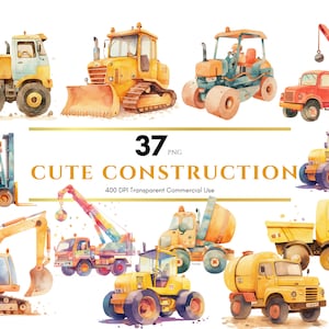 Festa de aniversário de construção, clipart, aquarela, construção, PNG, caminhões, trator, caminhão de cimento, veículo de construção para convite infantil