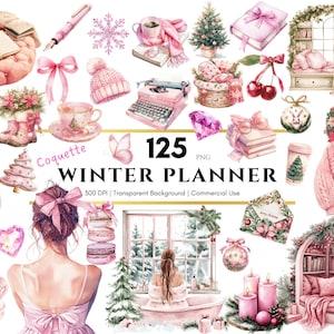 Clipart de planejador de inverno Coquette, clipart de Natal, adesivos de aquarela para impressão, elementos para planejadores digitais, diários, scrapbooking