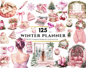 Coquette Winter Planner Clipart, Christmas Clipart, Watercolor Printable Stickers, Elements for Digital Planners, Journals, Scrapbooking
