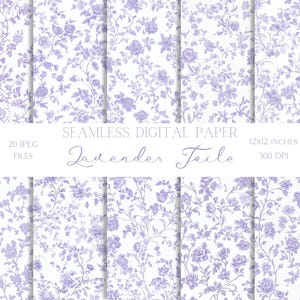 Papel digital Toile de Jouy francés con estampados sin costuras de flores moradas y blancas, fondos chinoiserie para álbumes de recortes digitales.