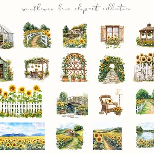 Watercolor Sunflower Lane clipart featuring cozy cottagecore sunflowers, floral baskets, and rustic summer vibes. Perfect for planner stickers, junk journals, and cottage-themed crafts.