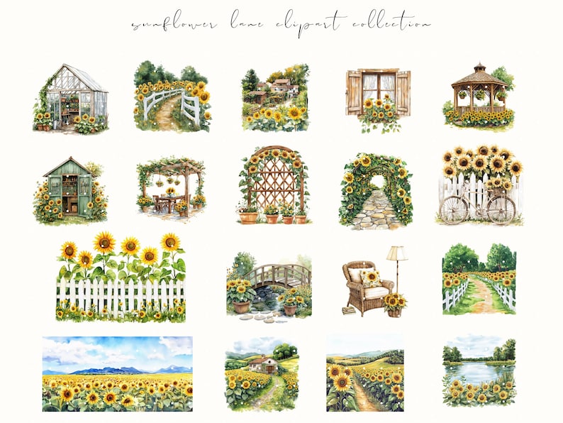 Watercolor Sunflower Lane clipart featuring cozy cottagecore sunflowers, floral baskets, and rustic summer vibes. Perfect for planner stickers, junk journals, and cottage-themed crafts.