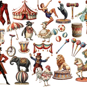 Vintage Circus Clipart featuring clowns, carnival elements, and fair cards. Perfect for junk journals, digital scrapbooking, printable ephemera, and carnival-themed projects.