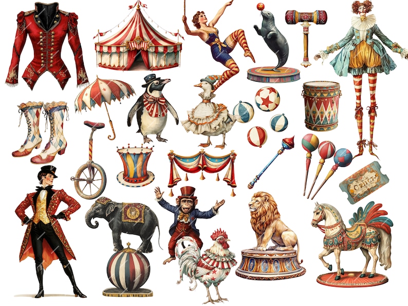 Vintage Circus Clipart featuring clowns, carnival elements, and fair cards. Perfect for junk journals, digital scrapbooking, printable ephemera, and carnival-themed projects.