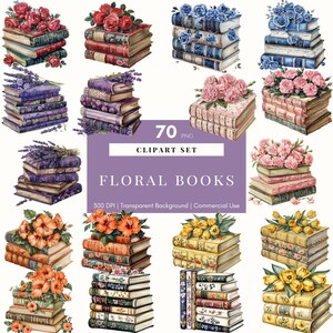 Floral book clipart featuring book stacks with flowers, perfect for booklovers and bookish aesthetics. Ideal for digital planners, stickers, and cozy creative projects.