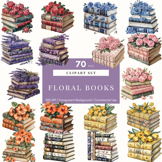 Floral Book Clipart, Book Flowers Clipart, Booklover, Bookish Aesthetic, Digital planner, Digital Stickers, Floral Book Stack, Book Pile
