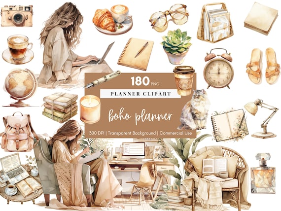 Planner Clipart Planner Watercolor Clipart Stickers Boho Planner PNG Journal Clipart Planner Girl Clipart Beautiful Girls PNG Commercial use