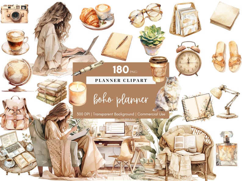 May include: A set of 180 watercolor clipart images for planners, featuring a boho theme. The images include a cat, a globe, a camera, a cup of coffee, a book, a candle, a plant, a desk, a chair, a lamp, a clock, and more.