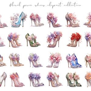 May include: A collection of 20 pairs of high-heeled shoes decorated with floral embellishments. The shoes are in various colors, including pink, blue, green, and purple. The flowers are made of fabric and are arranged in a variety of styles.