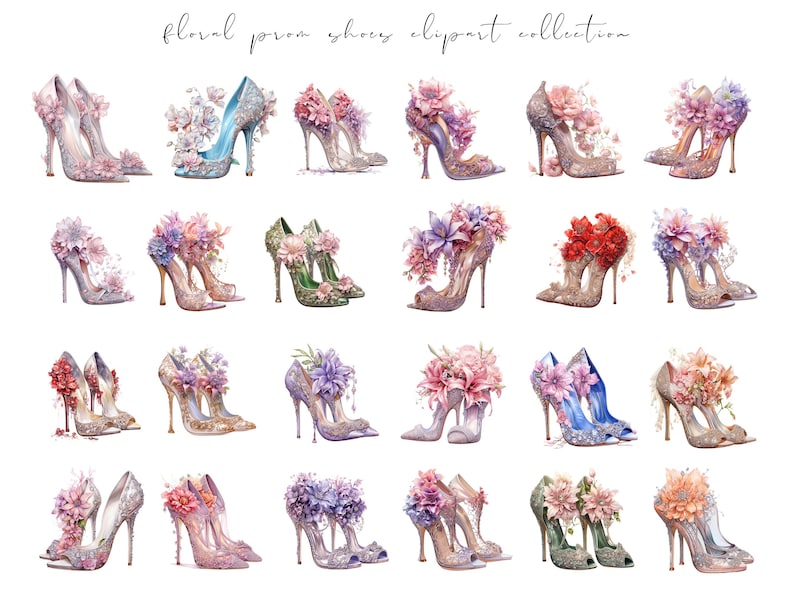 May include: A collection of 20 pairs of high-heeled shoes decorated with floral embellishments. The shoes are in various colors, including pink, blue, green, and purple. The flowers are made of fabric and are arranged in a variety of styles.