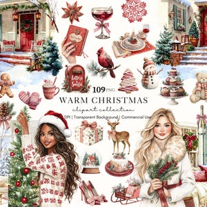 Può includere: Illustrazioni ad acquerello a tema natalizio, tra cui una casa, ornamenti, un pupazzo di neve e una donna con un cappello da Babbo Natale. L'immagine presenta elementi festivi come un omino di pan di zenzero, un cardinale rosso e una palla di neve.
