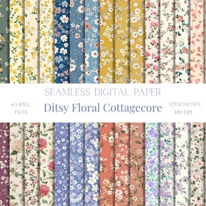 May include: A collection of 63 seamless digital paper designs with a ditsy floral cottagecore theme. Each design features a different floral pattern in various colors, including yellow, blue, pink, and green. The papers are 12x12 inches and 300 DPI.