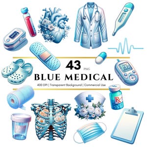 Clipart di elementi medici blu, progetto sanitario, pianificatore digitale, adesivo digitale, PNG, sublimazione, diario spazzatura, album, uso commerciale