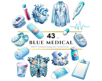 Blue Medical Elements Clipart Healthcare Project Digital planner, Digital Sticker, PNG, Sublimation, Junk Journal, Scrapbook, Commercial Use
