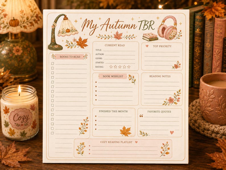 Op de afbeelding: Een vierkante leesplanner getiteld My Autumn TBR met secties voor boeken om te lezen, huidige leestitel, verlanglijst, notities, gelezen boeken, favoriete citaten en een afspeellijst, versierd met illustraties van bladeren, een lamp en een koptelefoon.