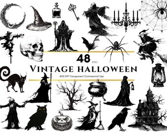 Vintage Halloween Clipart, Halloween PNG, Retro Halloween Clipart, Witch, Broomstick, Vintage Ephemera, Antique Halloween, Commercial Use