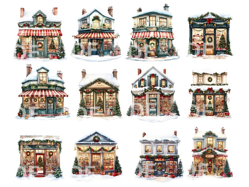 May include: Twelve illustrated images of quaint, snow-covered shops with red and green awnings, decorated with wreaths, garlands, and lights. Each shop has a unique storefront and window displays filled with Christmas merchandise.