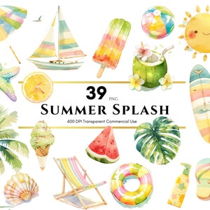 May include: A set of 39 watercolor illustrations featuring summer-themed elements, including a sailboat, a surfboard, a beach umbrella, a coconut, a pineapple, a watermelon, a beach chair, a seashell, a starfish, a lemon, a palm tree, a popsicle, a sun, a beach ball, and flip-flops. The illustrations are in a bright and cheerful style, perfect for adding a touch of summer to your projects.