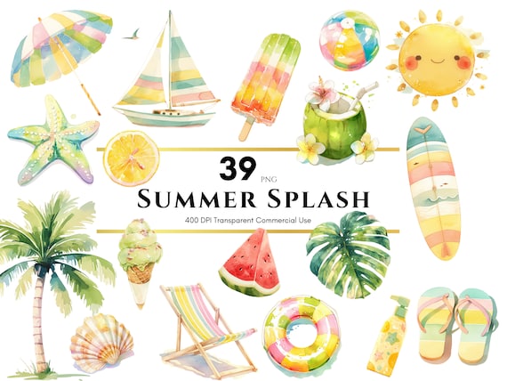 Summer Clipart, Summer Vibes PNG, Watercolor Beach Clipart, Travel Clipart, Beach Ball, Holiday Vacation Clipart, Pool Party PNG, Ocean PNG